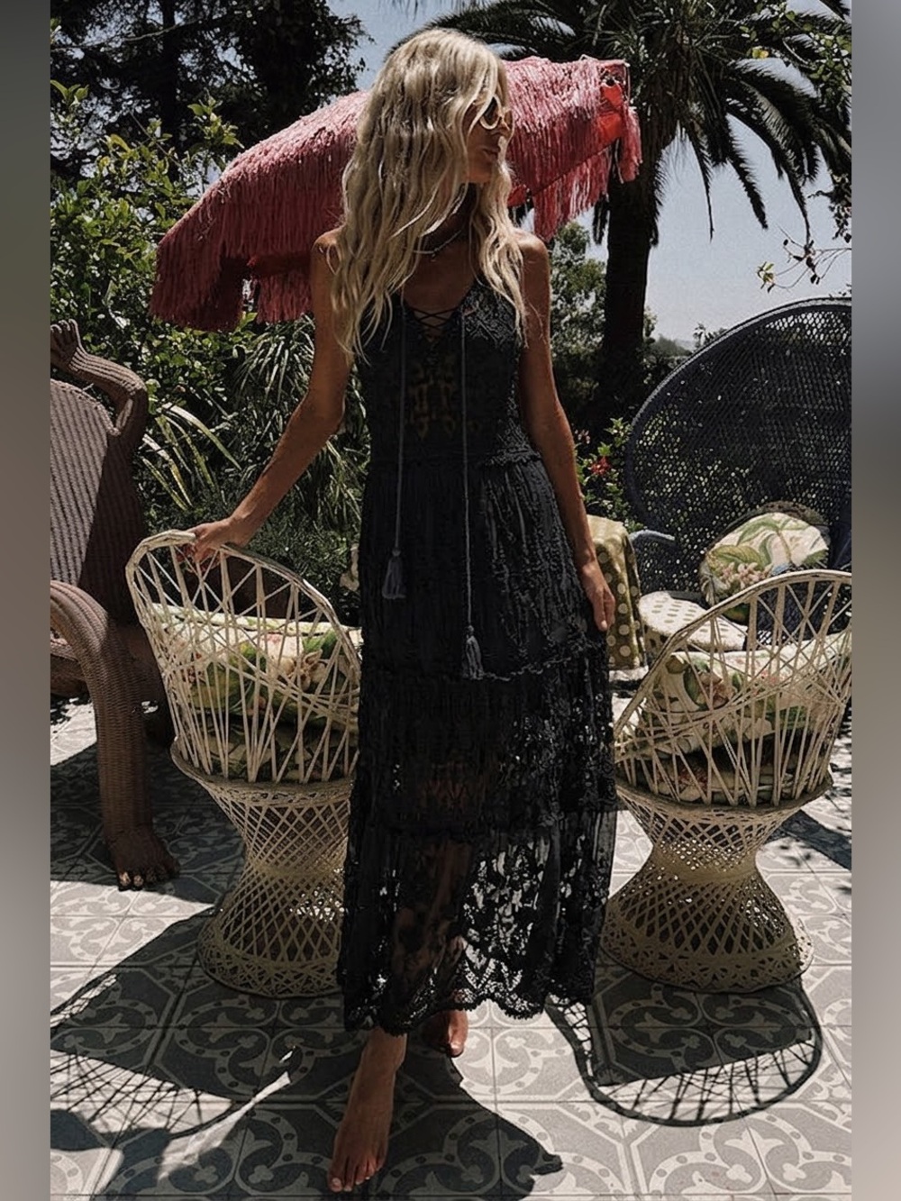 Ruby Yaya Black Lace Crochet V-Neck Maxi Dress With Black Slip Dress